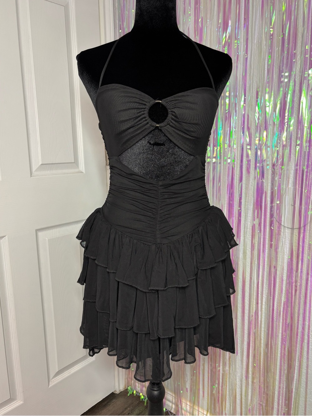 Windsor Black Halter Ruffle Mini Dress with Cutout Ring So Cute & Unique